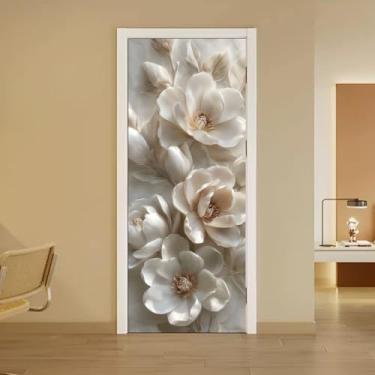 Imagem de arricraft Adesivo autoadesivo de porta com 2 folhas, 80 cm x 200 cm / 31,5 x 78,7 polegadas com padrão de flor de magnólia branca adesivos de parede de PVC removível decoração para casa, quartos, sala