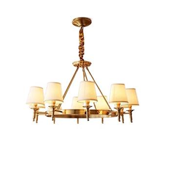 Imagem de Lustre moderno de latão com 5 luzes LED, abajur de tecido, luminária de teto compatível com sala de estudo/escritório, sala de jantar, decoração de sala de estar E14 Edison Lighting Flush