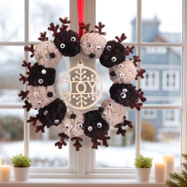 Imagem de Solsew Guirlanda de rena circular de Natal, bolas de pompom de feltro de Natal, decorações de rena de 25,4 cm, grinalda de bola de feltro colorida para porta da frente, ambientes internos e externos