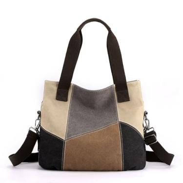 Imagem de Bolsa feminina de retalhos, de lona, grande, com bloqueio de cor, bolsa de ombro transversal, Caqui