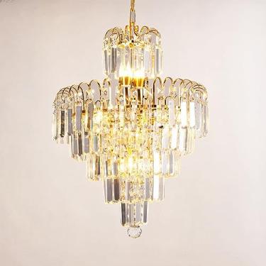 Imagem de Lustre redondo de cristal de luxo para hall de entrada de 2 andares, elegante luminária pendente de teto embutida dourada para sala de jantar, sala de estar, quarto, ilha de cozinha