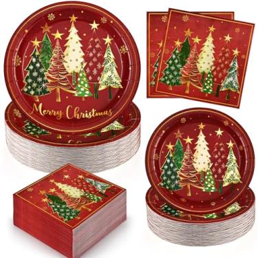 Imagem de Homlouue 200 peças de pratos e guardanapos de papel de Natal, pratos de Natal de 23 cm, descartáveis, resistentes, prato de papel vermelho de árvore de Natal, conjunto de festa descartável, prato de