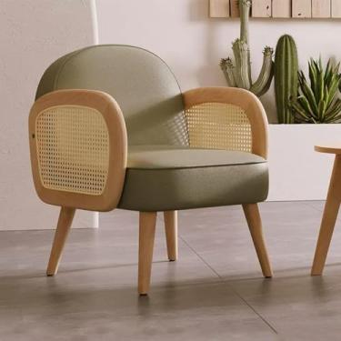 Imagem de UISLA Sofá individual de madeira maciça com apoio de braço de vime, sala de estar, recepção moderna de coleira, assento de almofada de esponja