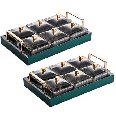 Imagem de Conjunto de 6 tigelas para lanches com tampas, pratos para servir divididos de plástico bandeja para condimentos para frutas, nozes, doces, sobremesas, lanches prato para servir aperitivos, verde,