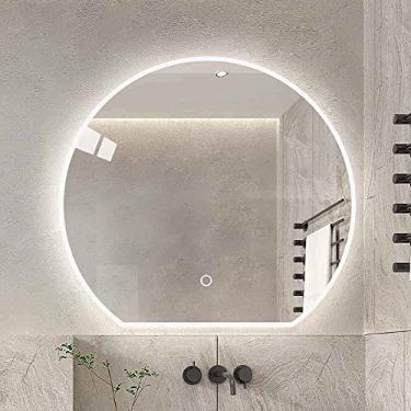 Imagem de Espelho de parede para casa de banho, espelho de toucador de parede meia-lua, luz tricolor HD, espelho LED, espelho decorativo anti-embaciamento com interruptor tátil para entrada, sala de estar (cor