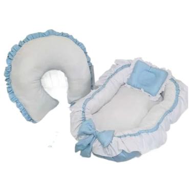 Imagem de Almofada De AmamentaçãO Com Acabamento Com Folhos + Organizador Para BerçO, Quente E Aconchegante(azul/branco,COM ZÍPER)