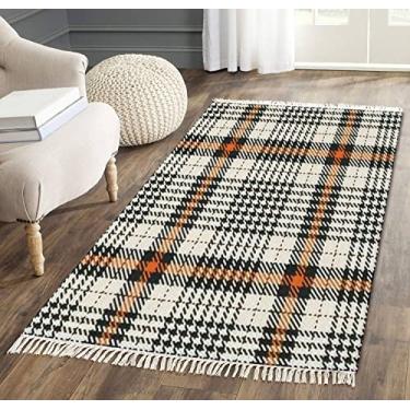 Imagem de Tapete de área com borla, xadrez tartan, tweed, preto, laranja, bege, sem costura, xadrez, xadrez, franja, tapete para chão, pátio, corredor, corredor, minimalista, decoração de casa, sala de estar