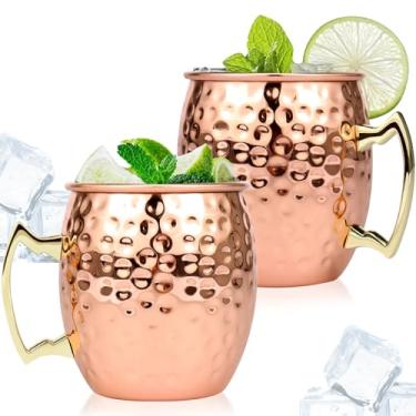 Imagem de SU 2 peças Moscow Mule Canecas de 473 ml Copos de Grande Capacidade com Alça Feitos à Mão Moscou Mule Copos de Aço Inoxidável 304 Copos Martelados Ouro Rosa Moscou Mule Canecas para Coquetel Cerveja