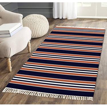 Imagem de Tapete de área com borla, listrado, sem costura, azul marinho, laranja, branco, listras paralelas verticais, tecido com franja, tapete de chão, pátio, corredor, tapete minimalista, decoração de casa