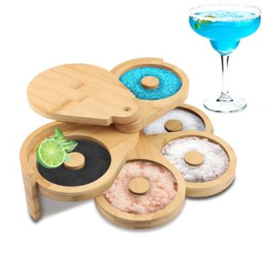 Imagem de Tiiyee Margarita Conjunto de escorredor de sal, 5 níveis de barra de vidro, estação de borda de madeira de acácia com tampa e 5 esponjas, ferramenta de barman para tempero de açúcar e limão, suco