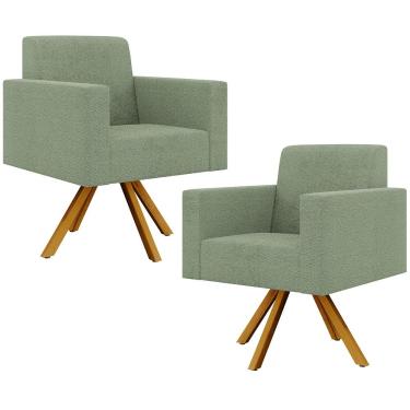 Imagem de Kit 02 Poltronas Giratória Sala de Estar Base de Madeira Helô L02 Bouclê Oliva - Lyam Decor