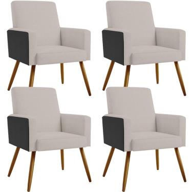 Imagem de Kit 04 Poltronas Decorativa Maria W01 Pés Palito Linho Bege Couríssimo Preto - Lyam Decor