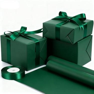 Imagem de Feifeiya Rolo de papel de embrulho de Natal, papel de presente Kraft verde, 2 rolos de 44 x 85 cm, com 1 rolo de 2,5 cm x 25 m de fita de mancha verde