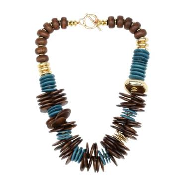 Imagem de Colar de madeira grosso para mulheres, tribal, étnico, contas douradas, design arrojado, resina africana, joia vintage, middle, Madeira Acrílico, Sem Pedra Preciosa