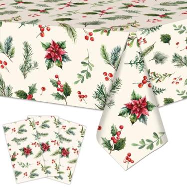 Imagem de Tedercle Toalha de mesa com 3 peças de vegetação de Natal – Capa de mesa descartável de plástico para férias de 137 x 272 cm com design de azevinho, pinho, frutas vermelhas e perenes para jantar de