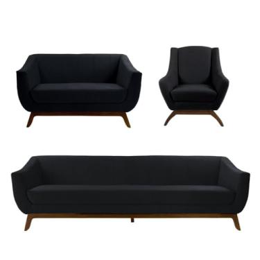 Imagem de Conjunto Milano Sofá, Namoradeira E Poltrona Em Veludo Preto - Larbelle