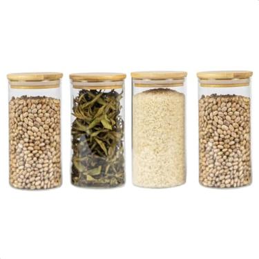 Imagem de Kit 4 Potes Herméticos Organizadores de Vidro Com Tampa de Bambu Condimentos Massas Macarrão Transparente 1000ml