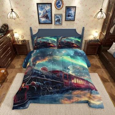 Imagem de Erosebridal Conjunto de cama queen, cauda aurora, trem a vapor, para meninos e meninas, crianças, com cenário de neve de inverno, trens de transporte, colcha com 2 fronhas, decoração de quarto