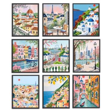 Imagem de Conjunto de 9 pôsteres de cidades de viagem vintage, arte de parede famosa Europa Itália, arte de pintura, decoração de parede moderna moderna com paisagem colorida para sala de aula, sala de estar