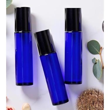 Imagem de Pacote com 3 frascos de rolo de vidro azul de 10 ml para óleo essencial com esfera de aço inoxidável – Garrafas vazias recarregáveis à prova de vazamento com tampas pretas