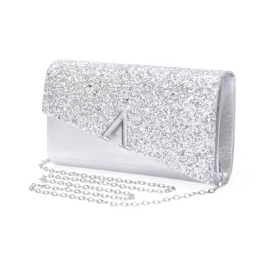 Imagem de BVEOGMRO Bolsa feminina para noite, formal, clutch com glitter, bolsas transversais para festa de casamento, formatura, Prata