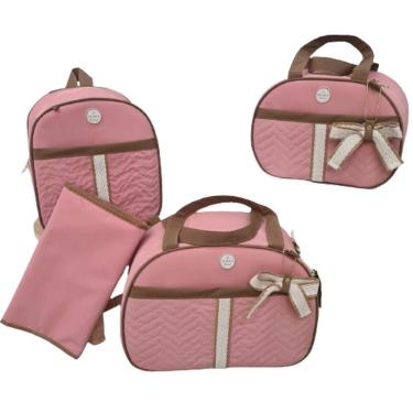 Imagem de Bolsa Maternidade Bebê Kit 4 Peças Trocador Rosa Impermeável.