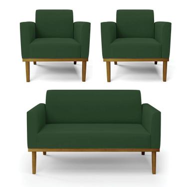 Imagem de Sofá Namoradeira Com 2 Poltronas Base De Madeira Fixa Castanho Marisa Veludo D03 - D?rossi Cor Verde