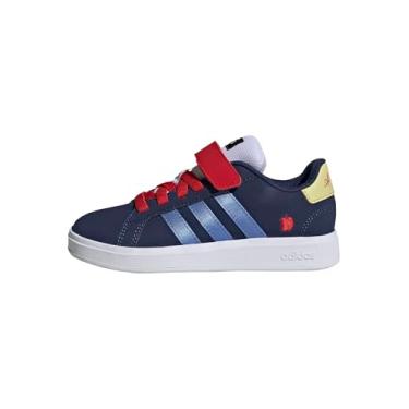 Imagem de adidas Tênis infantil unissex Disney Grand Court 00s elástico de renda e alça, Branco neve/azul escuro/azul fusão/melhor escarlate, 2 Little Kid