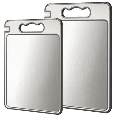 Imagem de Tábua de corte dupla face de aço inoxidável 304 e palha de trigo, tábua de cortar não tóxica, pode ser lavada na lava-louças, 40,6 cm x 28 cm com 36,5 cm x 25 cm, 2 peças