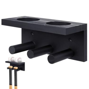 Imagem de Weysat Suporte de taco e bola de beisebol montado na parede pode conter 2 conjuntos de bolas de beisebol e tacos, suporte de armazenamento de madeira organizador de armazenamento de softbol (preto)