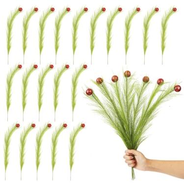 Imagem de MUUPEG Decorações de topo de árvore de Natal, 43 cm, hastes verdes artificiais, verde-limão, palitos de árvore encaracolados com bola vermelha para guirlanda de Natal, casa, escritório, festa