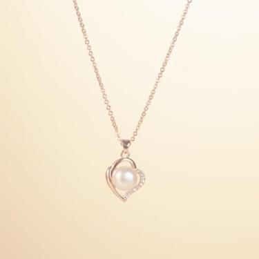 Imagem de Colar feminino com coração e pérola em ouro rosa, corrente de clavícula banhada a ouro 40 + 5 cm