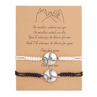 Imagem de SANQINGER Conjunto de pulseiras para fãs de esportes, pulseiras trançadas com pingente de beisebol, presentes para aniversário e amizade (preto e branco)