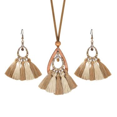 Imagem de ROJEMXVE Conjunto de colares de madeira de couro boêmio, corrente longa, corda de cânhamo, pingente banhado a bronze, étnico, tribal, folha, brincos, joias, colar, One size, Madeira, Ferro