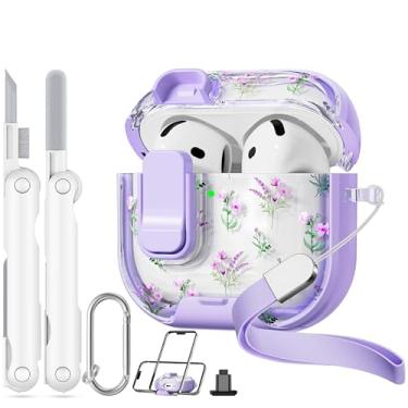 Imagem de Skyconser Capa com trava de segurança para Apple AirPods 4, capa floral transparente para AirPod 4ª geração com suporte de telefone e kit de limpeza para mulheres, narciso roxo