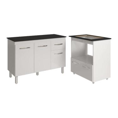 Imagem de Balcão Armário Gabinete Aline 118 Cm Branco Com Tampo Preto E Balcão Evelyn Para Cookto...