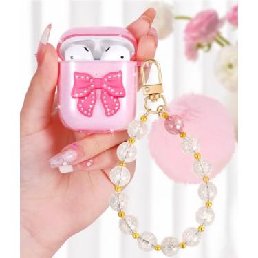 Imagem de Boaretiu Capa para Airpods 2/1 para mulheres meninas e meninas fofo Kawaii - Capa feminina elegante com design de pompom com mosquetão e para Air pods 2ª/1ª