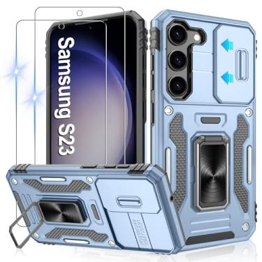 Imagem de Gritup Capa para Samsung Galaxy S23 com 2 protetores de tela HD e capa de câmera deslizante, proteção contra quedas de grau militar de 3 m, suporte de anel magnético, capa protetora para celular, azul