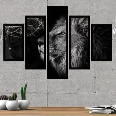 Imagem de Kit quadro decorativo 5 peças 95x60cm Leão De Judá Coroa Fé