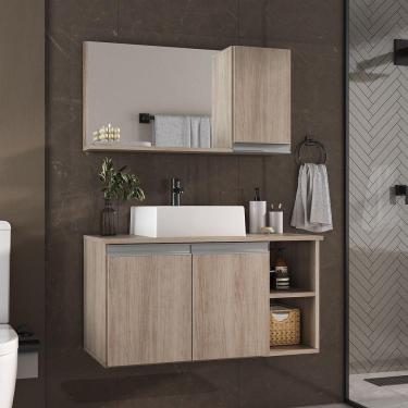 Imagem de Conjunto Gabinete Banheiro Virtus 80cm - Gabinete + Cuba + Espelheira Madeirado Inteiro