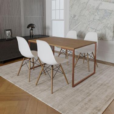 Imagem de Mesa Industrial Base Ferro Cobre Tampo 137X90 Amêndoa 4 Cadeiras Madeira Assento Branco Marrom