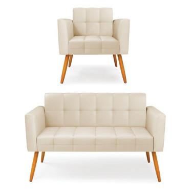 Imagem de Kit 1 Sofá Namoradeira E 1 Poltrona Elisa Corino Pés Palito Castanho - D'rossi Cor Bege