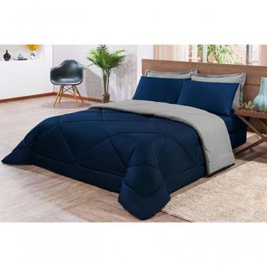 Imagem de Kit Edredom + Jogo De Lençol Aconchego Look House Dupla Face Casal King 06 Peças - Azul E Cinza.