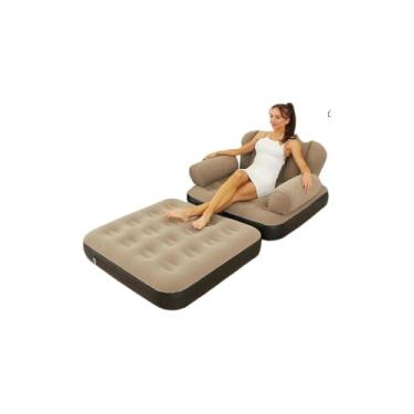 Imagem de Poltrona Inflável com Puff, PVC Flocado, Conversível em Cama Individual, 92x95x90cm, Cinza e Azul, Capacidade 100kg, para Casa e Camping