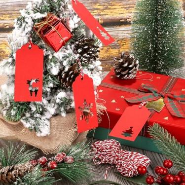 Imagem de 150 etiquetas de presente de papel de Natal, etiquetas de preço de papel kraft, etiquetas de pendurar etiquetas de Natal, design de rena de floco de neve de árvore de Natal com barbante de juta de 30