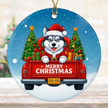 Imagem de DamienBrightGift Enfeite de Natal do Papai Noel Husky Siberiano - Caminhão vermelho de cerâmica com decoração de árvore - Presente de lembrança de feriado para amantes de cães fofos - Decoração de