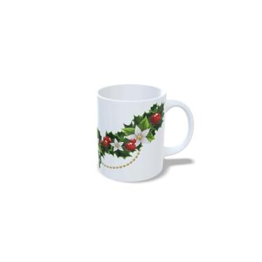 Imagem de Caneca de Cerâmica Natalina, Branca, 325ml, com Decoração de Bolas de Natal em Vermelho, Azul e Verde, Design Festivo com Laços (2)