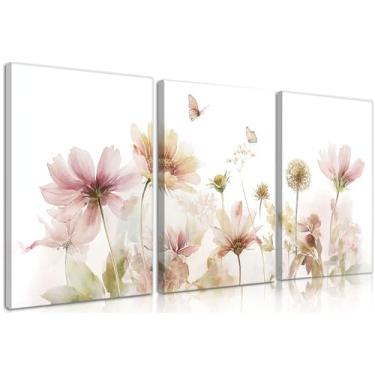 Imagem de Arte de parede em tela de flores silvestres coloridas emolduradas, verde sálvia, grande, boêmio, conjunto de 3, arte de parede em tela boêmia, moderna, minimalista, decoração, pintura, quarto