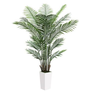 Imagem de Palmeira artificial de 1,8 m – Palmeira Areca falsa realista com plantador alto branco – Planta de piso tropical para interior falso para decoração de sala de estar