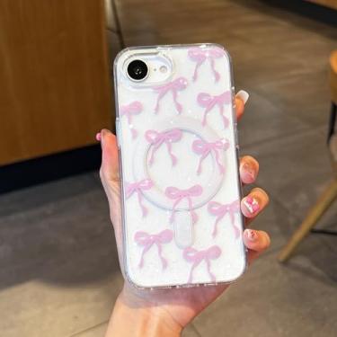 Imagem de UEEBAI Capa magnética para iPhone 16e, laço de glitter compatível com MagSafe, sem fio, fina, brilhante, estética, capa protetora antiamarelamento para mulheres e meninas - Rosa brilhante